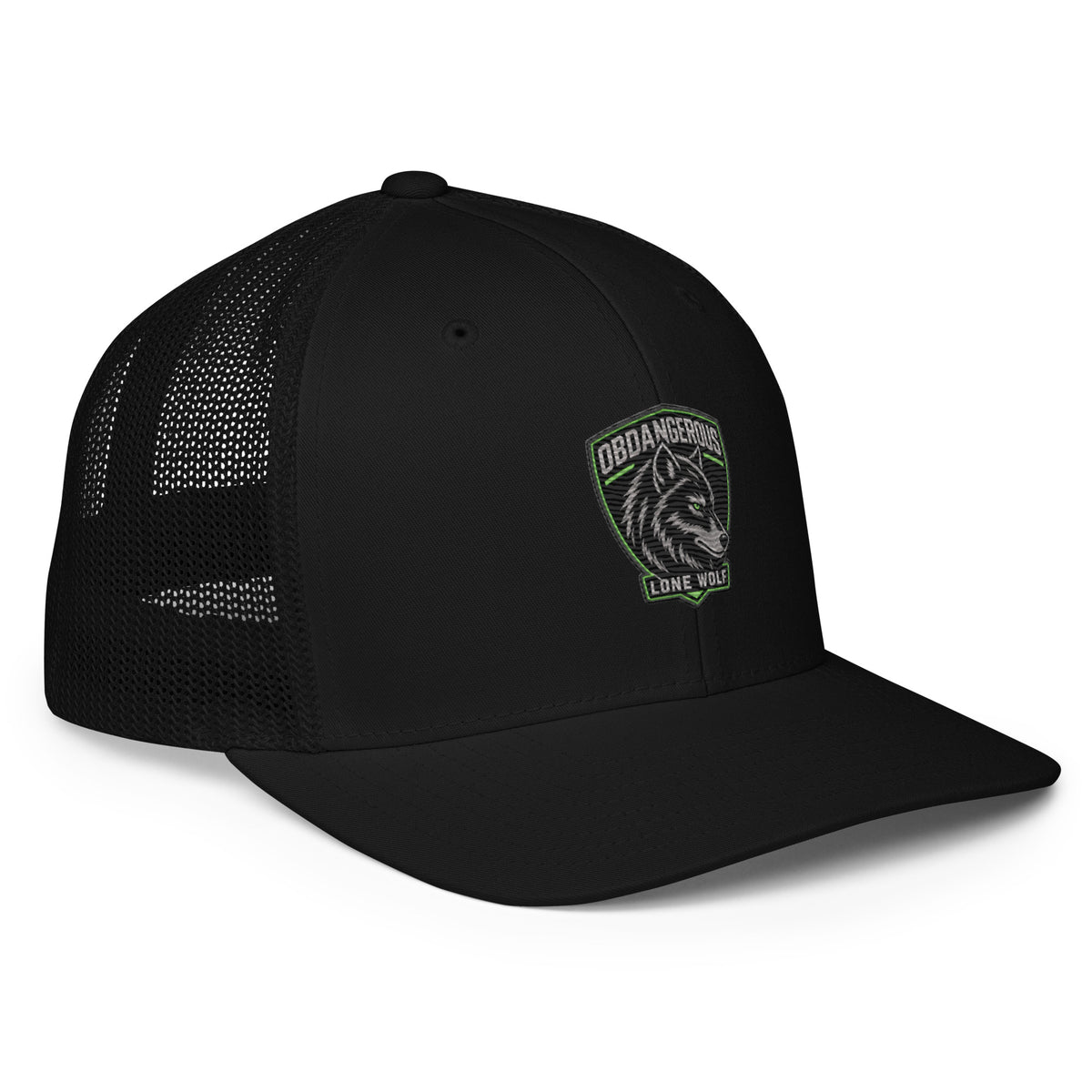Black Lone Wolf OBD embroidered trucker cap with closed back, featuring front embroidery and a mesh adjustable strap.