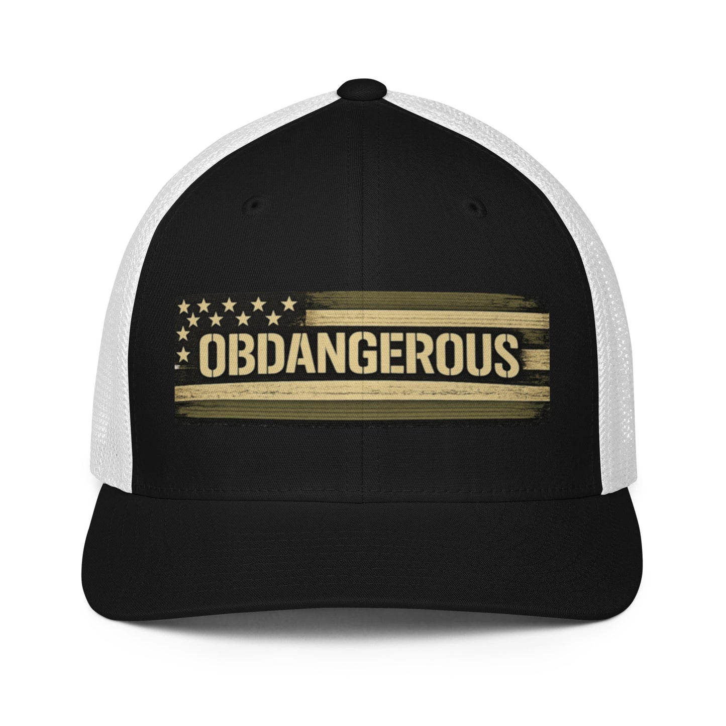 Black and white embroidered closed-back trucker cap by OB DANGEROUS with front design, suitable for gym, street, and casual wear.
