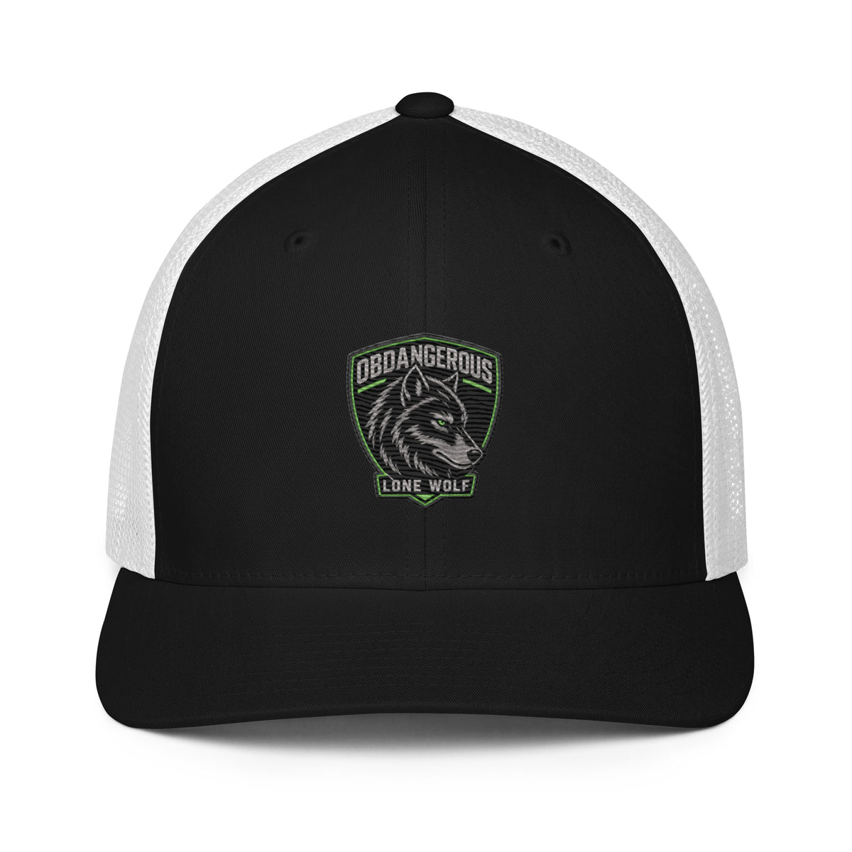 Black and white embroidered Lone Wolf OBD closed-back trucker cap with adjustable fit, designed for gym and streetwear.