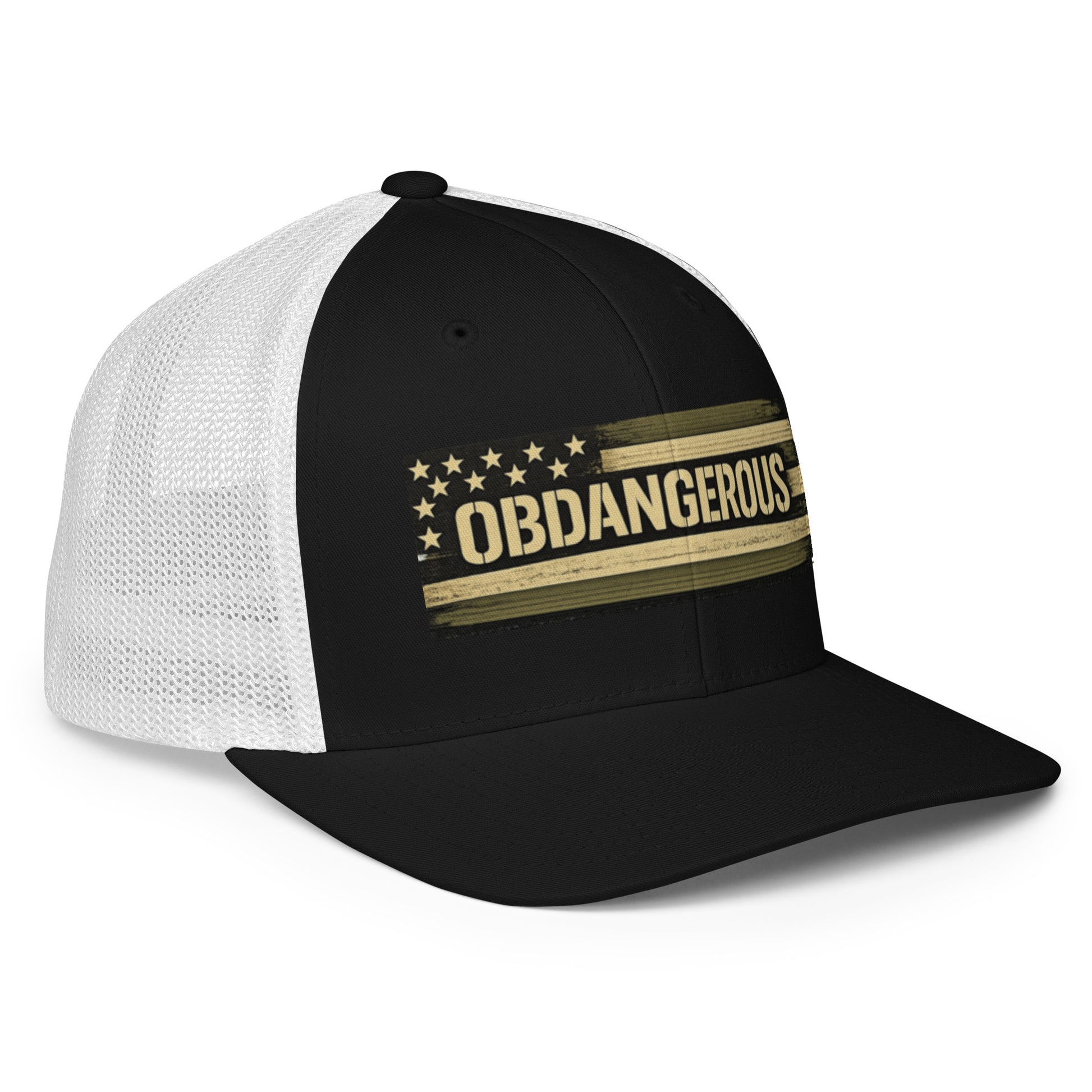 Black and white embroidered OB DANGEROUS closed-back trucker cap shown from the front right side, designed for gym and street wear.