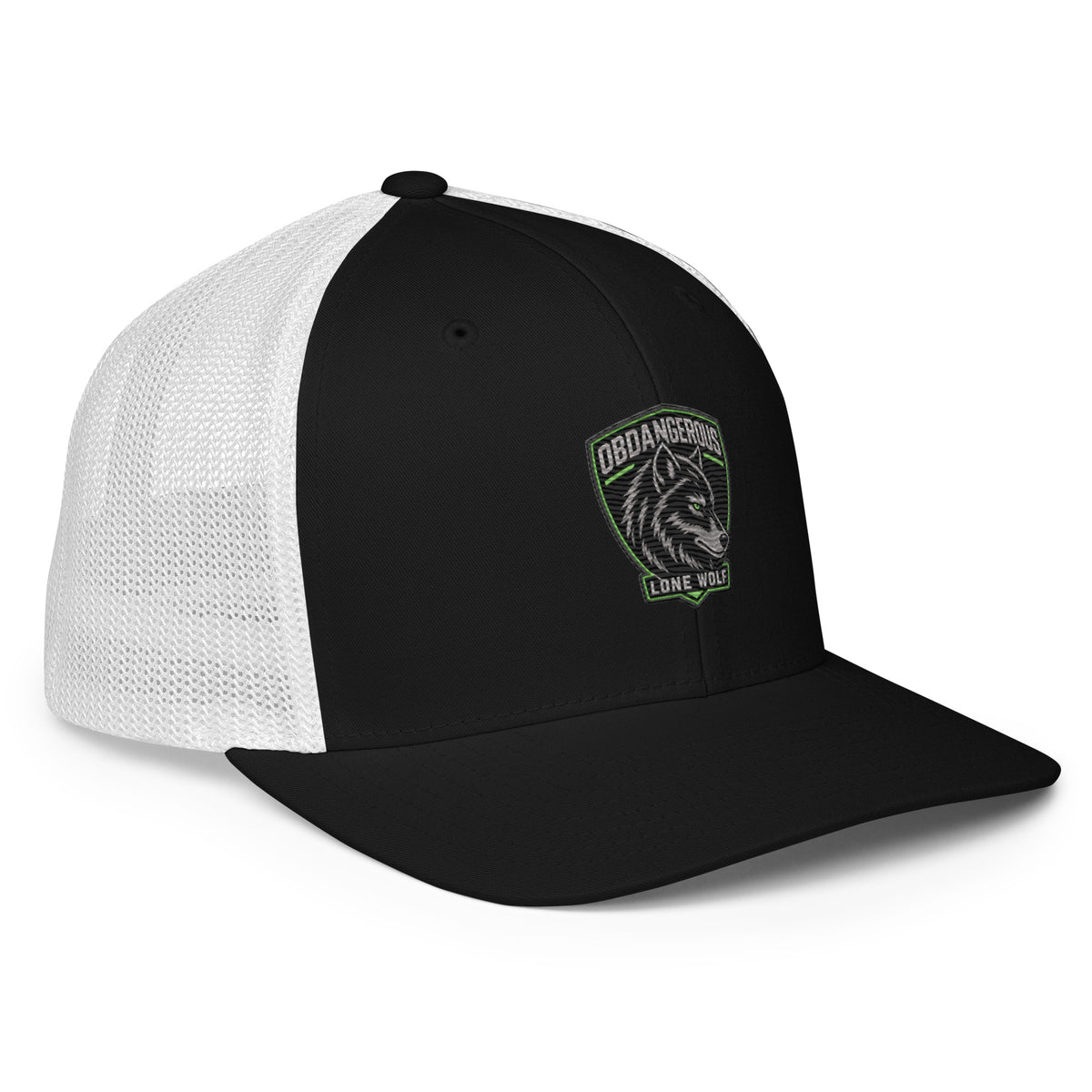 Black and white Lone Wolf OBD embroidery trucker cap with closed back, designed for gym and street style, by OB DANGEROUS.