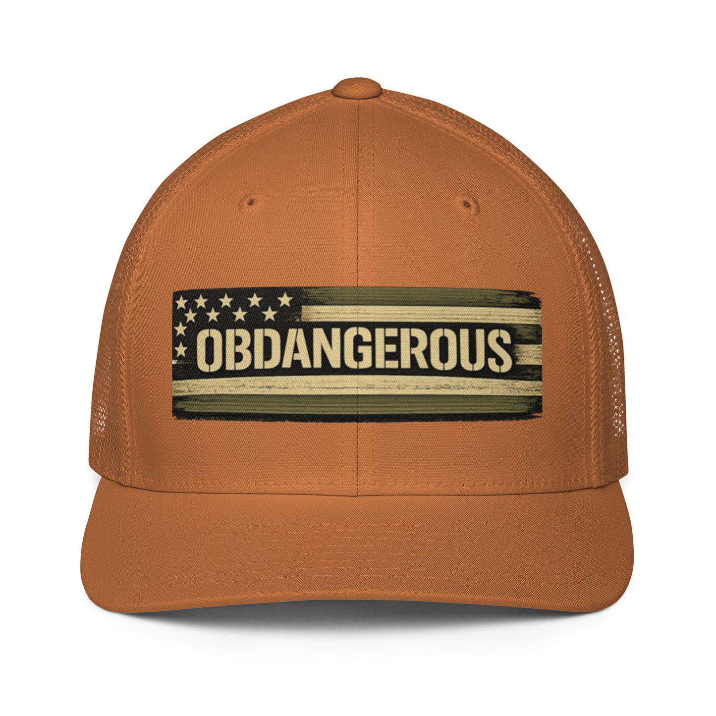 Caramel-colored OB DANGEROUS embroidered closed-back trucker cap with mesh back, ideal for gym, street, and casual wear.