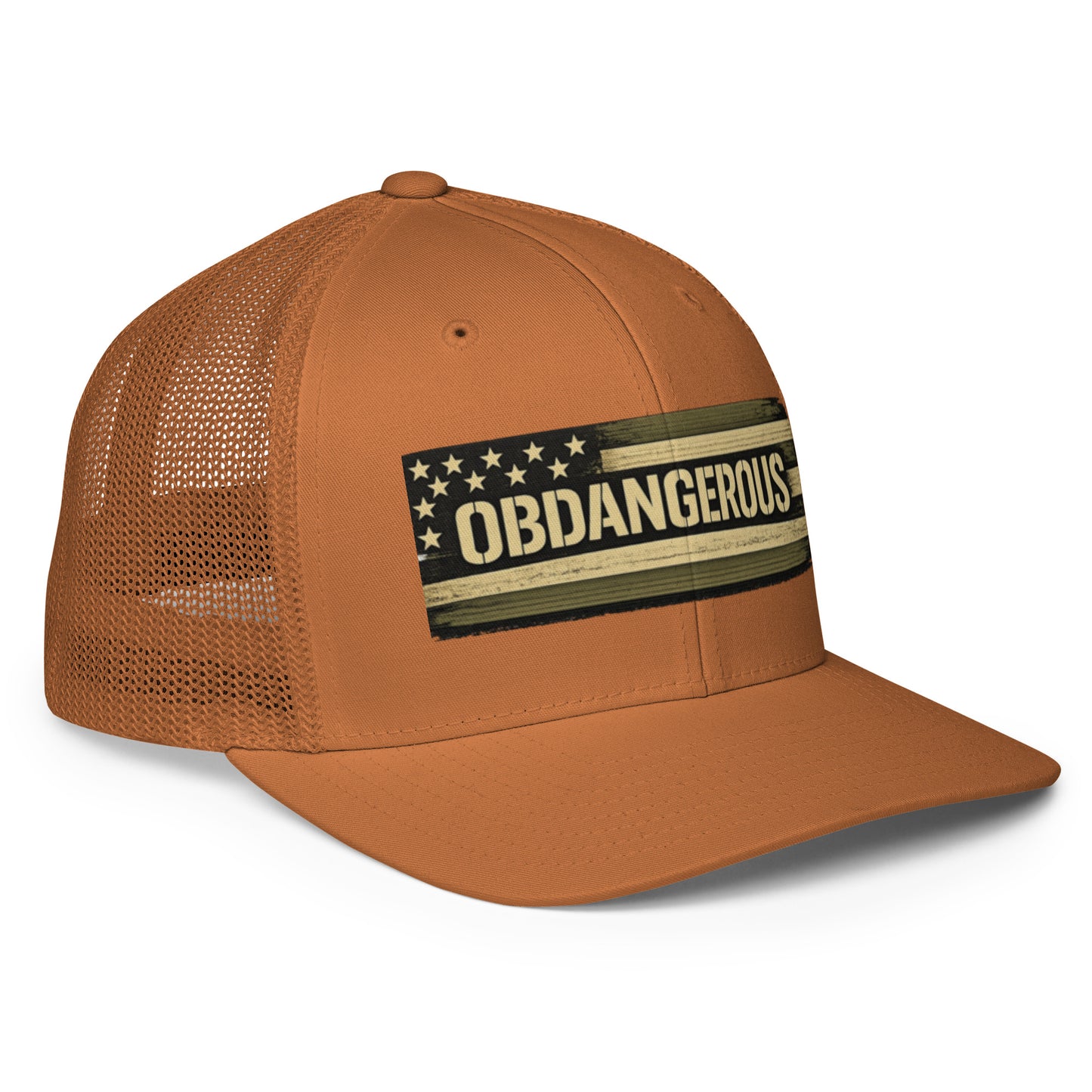 Caramel-colored OB DANGEROUS embroidered closed-back trucker cap, front view showing detailed embroidery and structured fit.