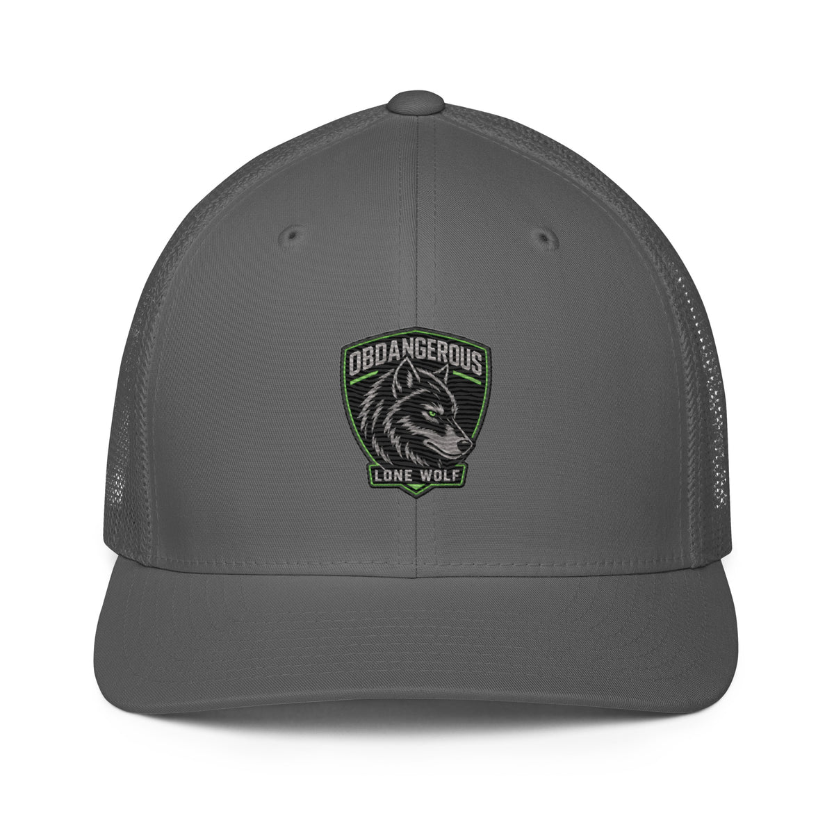 Charcoal Lone Wolf OBD embroidered closed-back trucker cap with mesh back, designed for gym and streetwear by OB DANGEROUS.