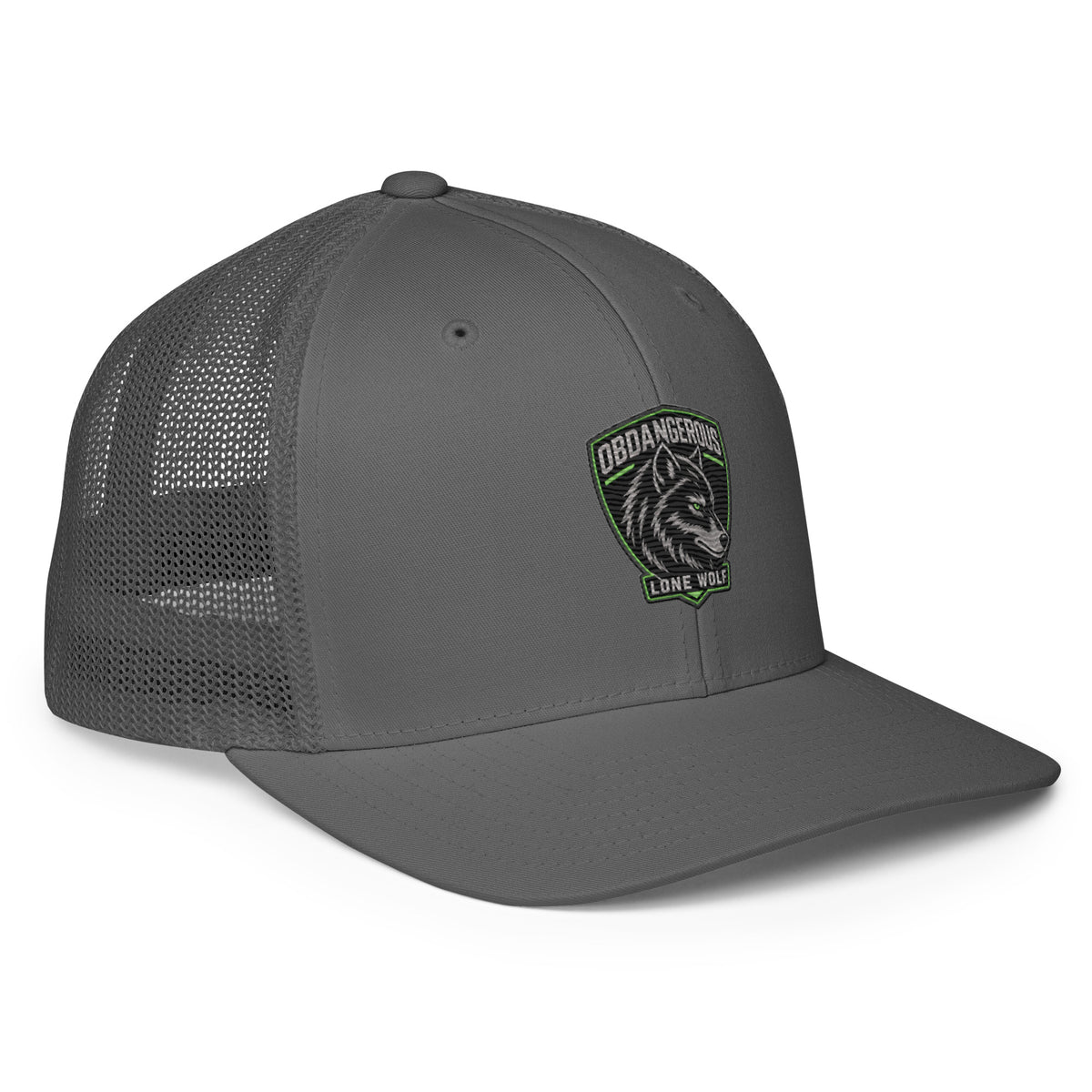 Charcoal Lone Wolf OBD embroidered closed-back trucker cap with a curved brim, right front view, designed for gym and street style.