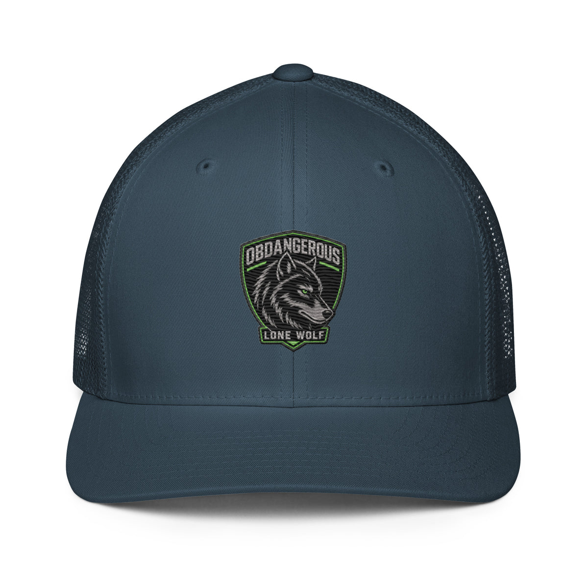 Navy Lone Wolf OBD embroidered closed-back trucker cap with adjustable strap, designed for gym, street, and casual wear.