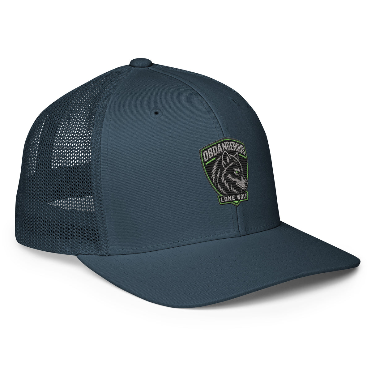 Navy Lone Wolf OBD embroidered closed-back trucker cap with front logo and mesh back, designed for gym, street, and casual wear.
