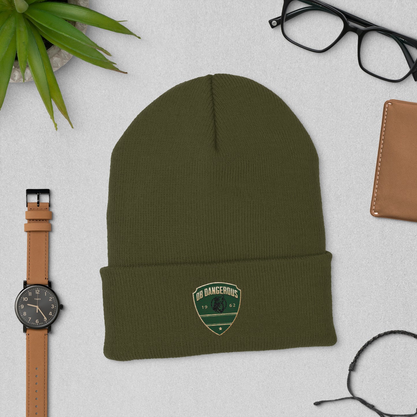 OBDangerous  Green Wolf Logo Cuffed Beanie