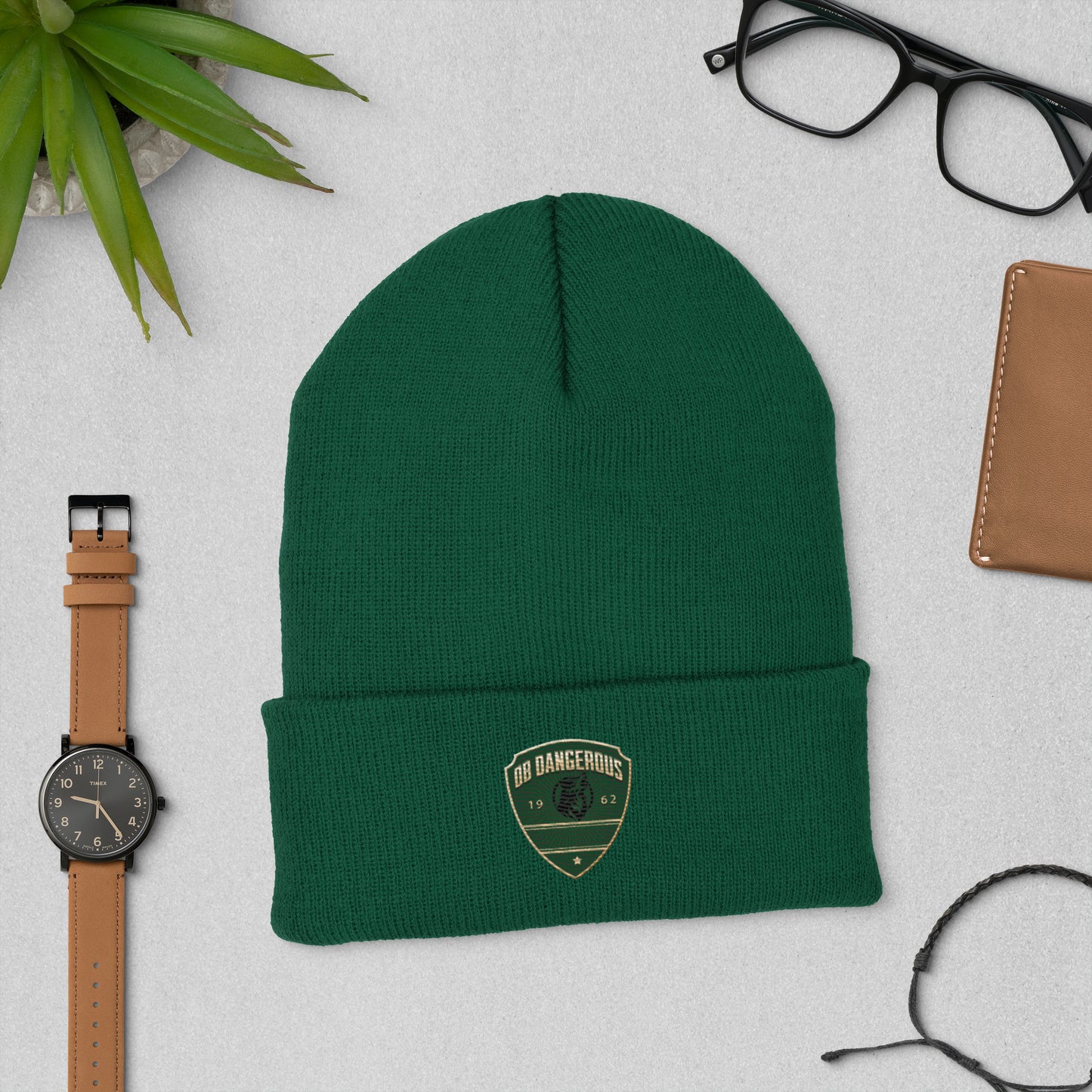 OBDangerous  Green Wolf Logo Cuffed Beanie
