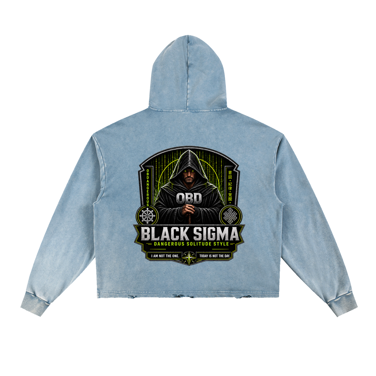 Black Sigma Vintage Washed Frayed-Hem Hoodie