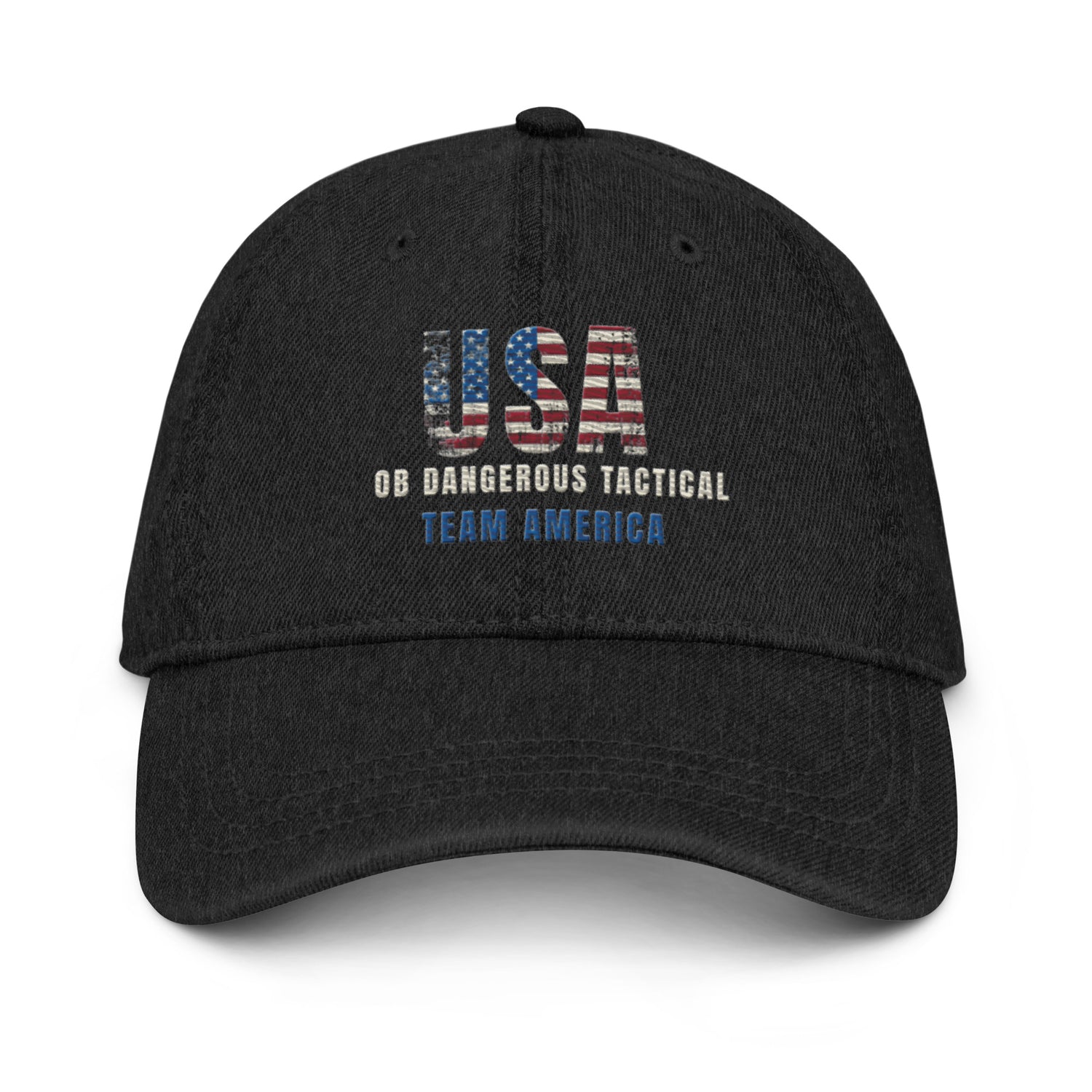 Black denim hat with embroidered "Team America" logo by OB Dangerous Tactical, front view showing detailed stitching and design.
