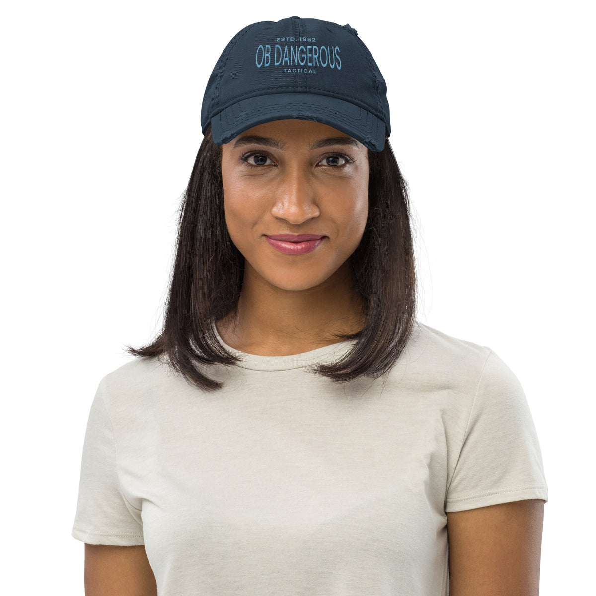 OB DANGEROUS TACTICAL distressed navy dad hat with tactical design and rugged distressed finish, front view.