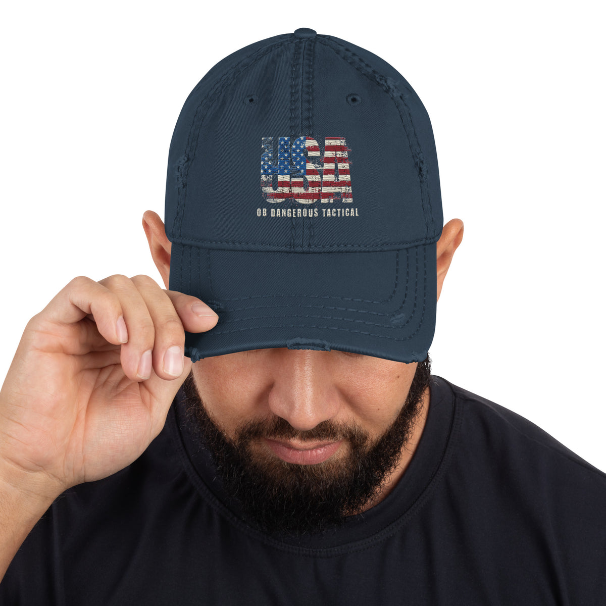 Navy America distressed dad hat with embroidered American flag and curved brim, by OB DANGEROUS TACTICAL.