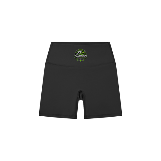 Dangerous Curves women's high-waisted biker shorts by ODMPOD, black stretchy fabric with a fitted design for active wear.