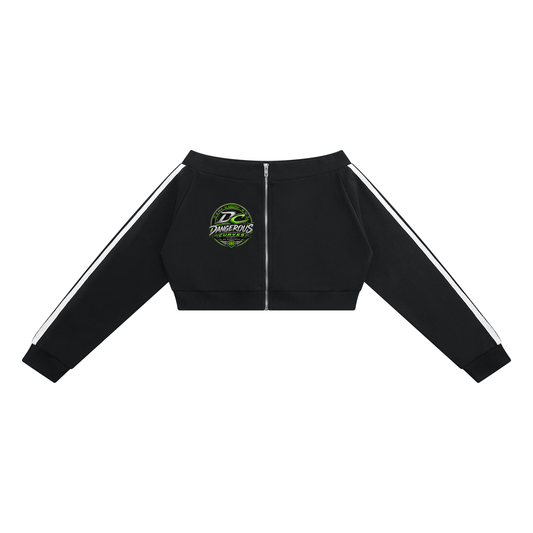 Dangerous Curves women's off-shoulder full-zip hoodie by ODMPOD, featuring a stylish design and comfortable fit.