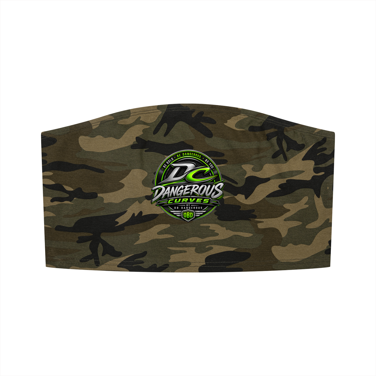 ODMPOD women's camo cropped tube top featuring a fitted design and bold camouflage pattern.