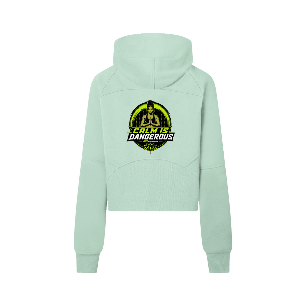 ODMPOD OB Dangerous "Calm is Dangerous" cropped half-zip hoodie, black with bold graphic print, casual streetwear style.
