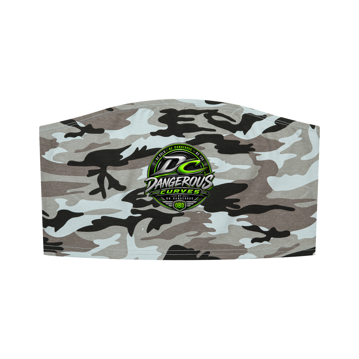 ODMPOD Dangerous Curves women's camo cropped tube top displayed on a model, showcasing trendy camouflage pattern and fitted style.