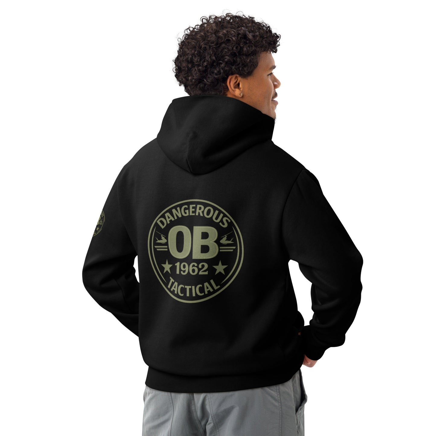Black Retro Urban hoodie T-shirt by OB DANGEROUS featuring a stylish streetwear design, shown from the back.