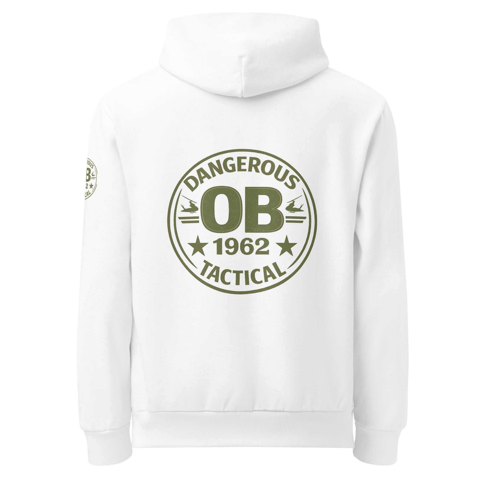 White Retro Urban hoodie T-shirt by OB DANGEROUS, featuring street-inspired design and comfortable fit, shown from the back.