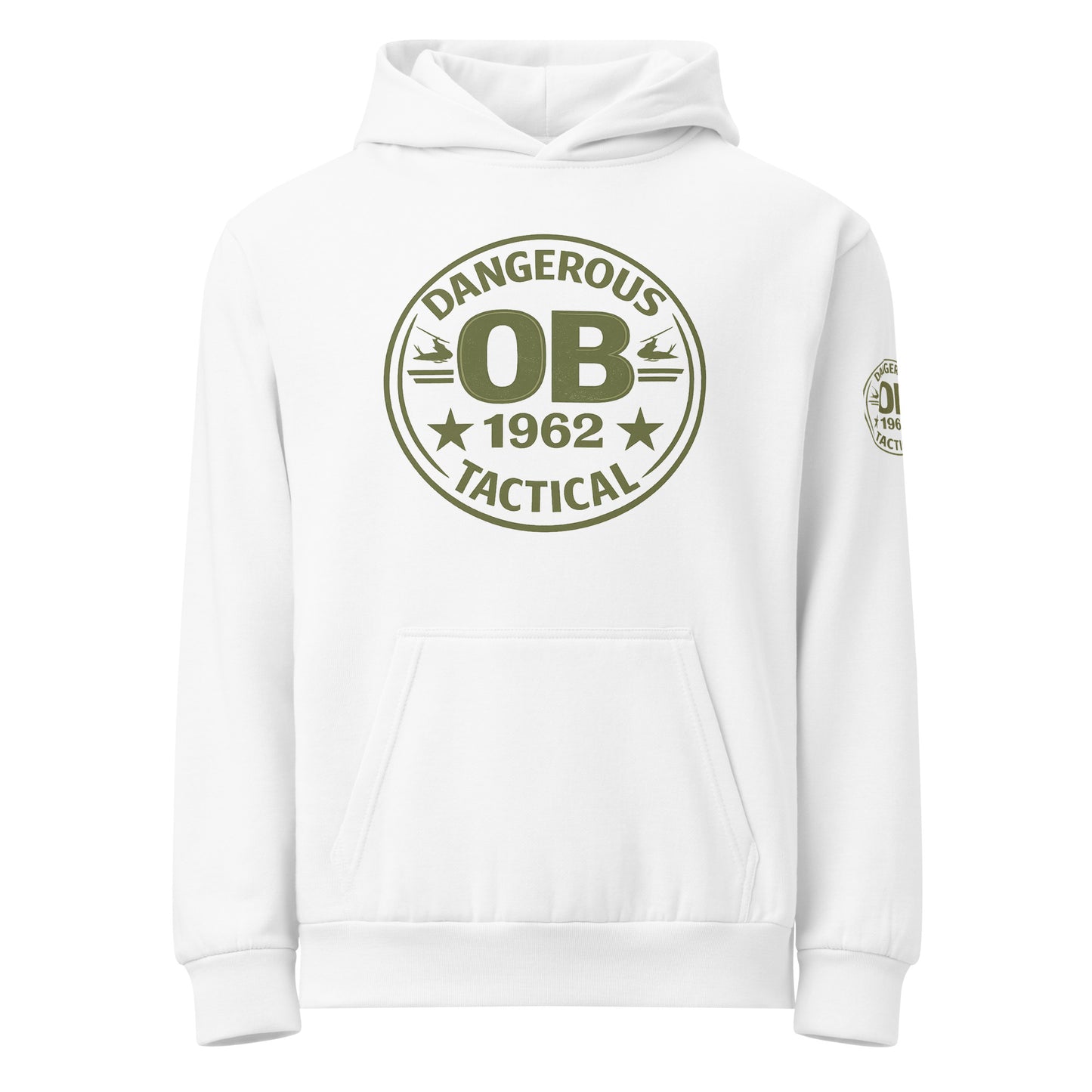 White Retro Urban hoodie T-shirt by OB DANGEROUS featuring streetwear-inspired design, displayed flat front view.
