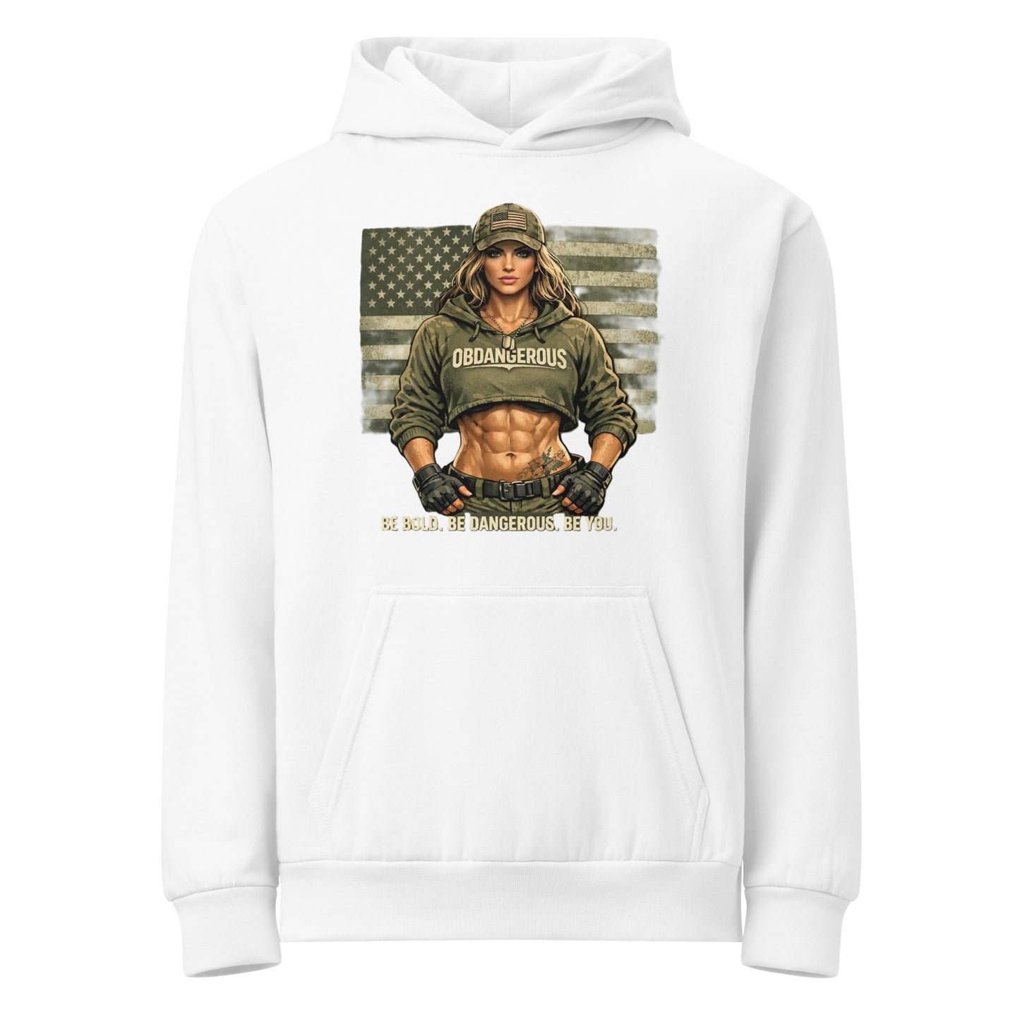 White OB DANGEROUS Be Bold Be You urban hoodie displayed on a hanger, featuring a front logo and casual streetwear style.