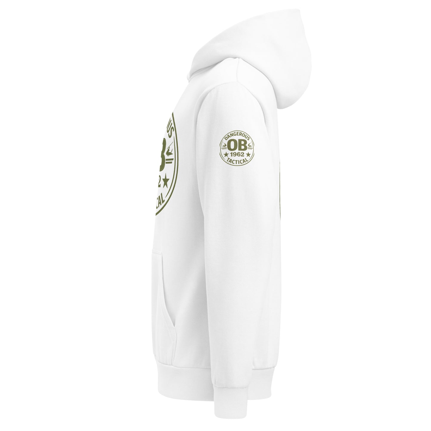 White Retro Urban hoodie T-shirt by OB DANGEROUS featuring street-inspired design and casual fit, shown from the left side.