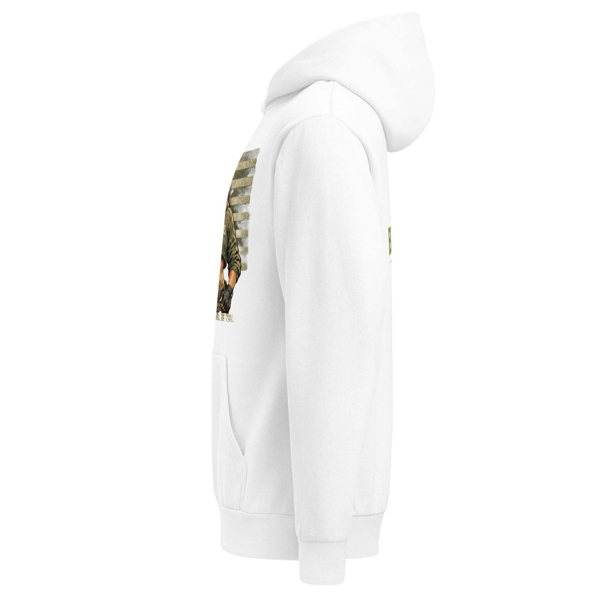 White OB DANGEROUS Be Bold Be You Urban hoodie T-shirt with bold logo design, displayed on a hanger.