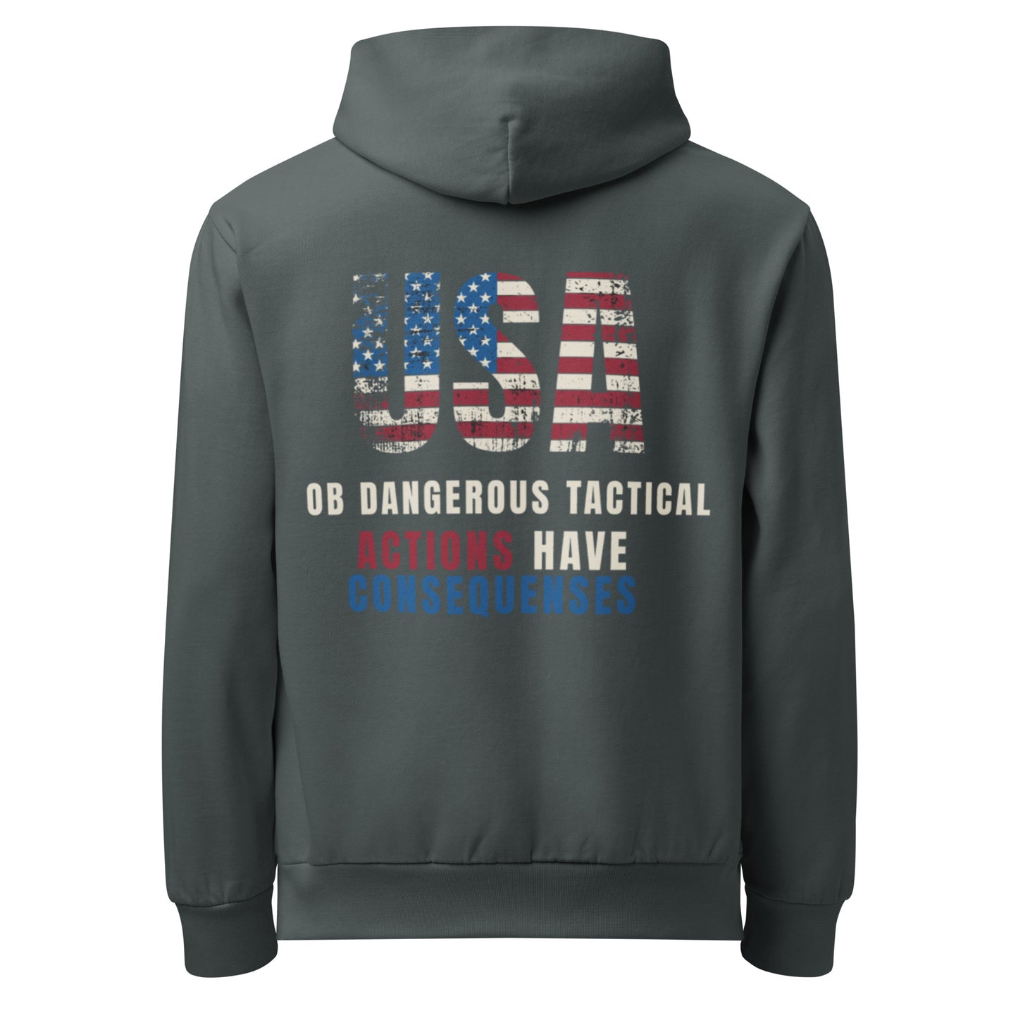 Urban garment-dyed hoodie from OB DANGEROUS, featuring bold "Actions Have Consequences" design, perfect for gym and street wear.