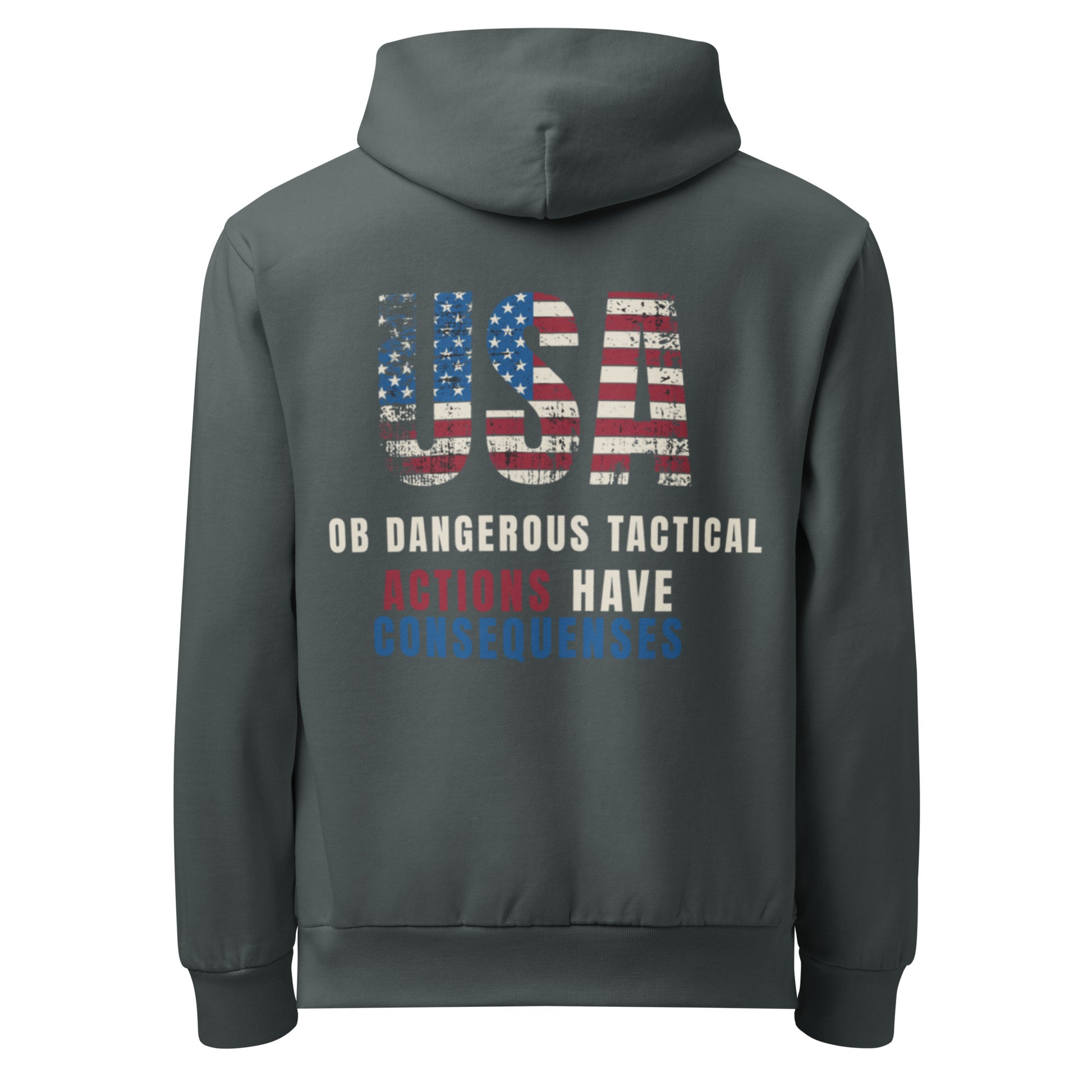 Urban garment-dyed hoodie from OB DANGEROUS, featuring bold "Actions Have Consequences" design, perfect for gym and street wear.