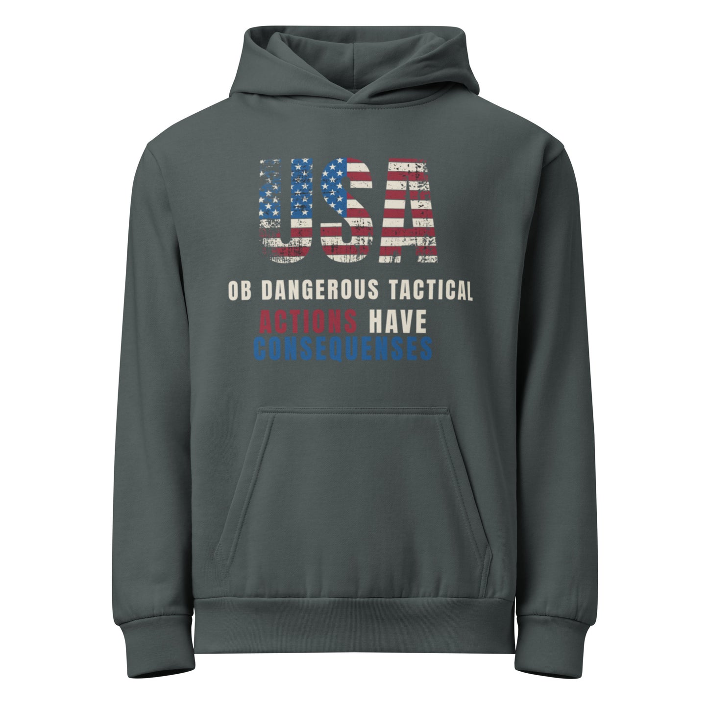 Urban garment-dyed hoodie by OB DANGEROUS featuring bold "Actions Have Consequences" print, perfect for gym, street, and casual wear.