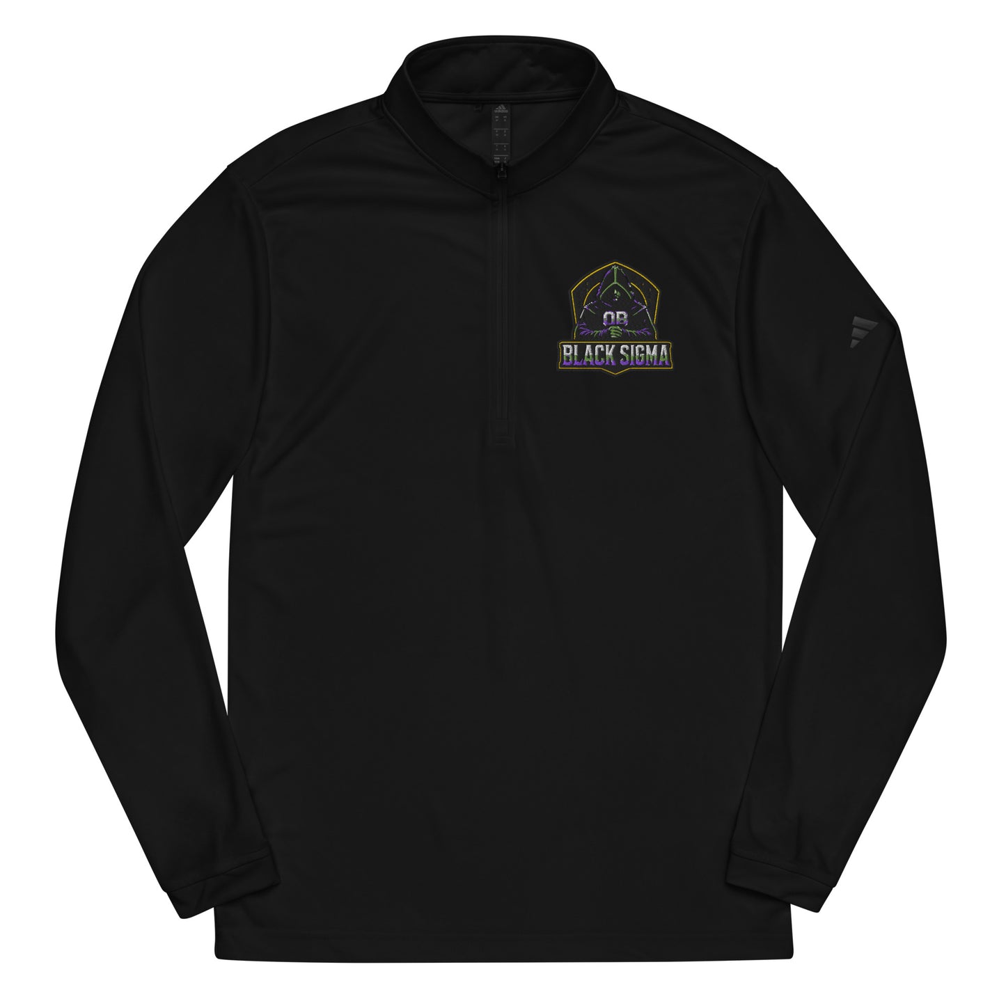 Black Sigma OBD Adidas quarter zip pullover with embroidery, men's athletic sweatshirt, suitable for gym and streetwear style.