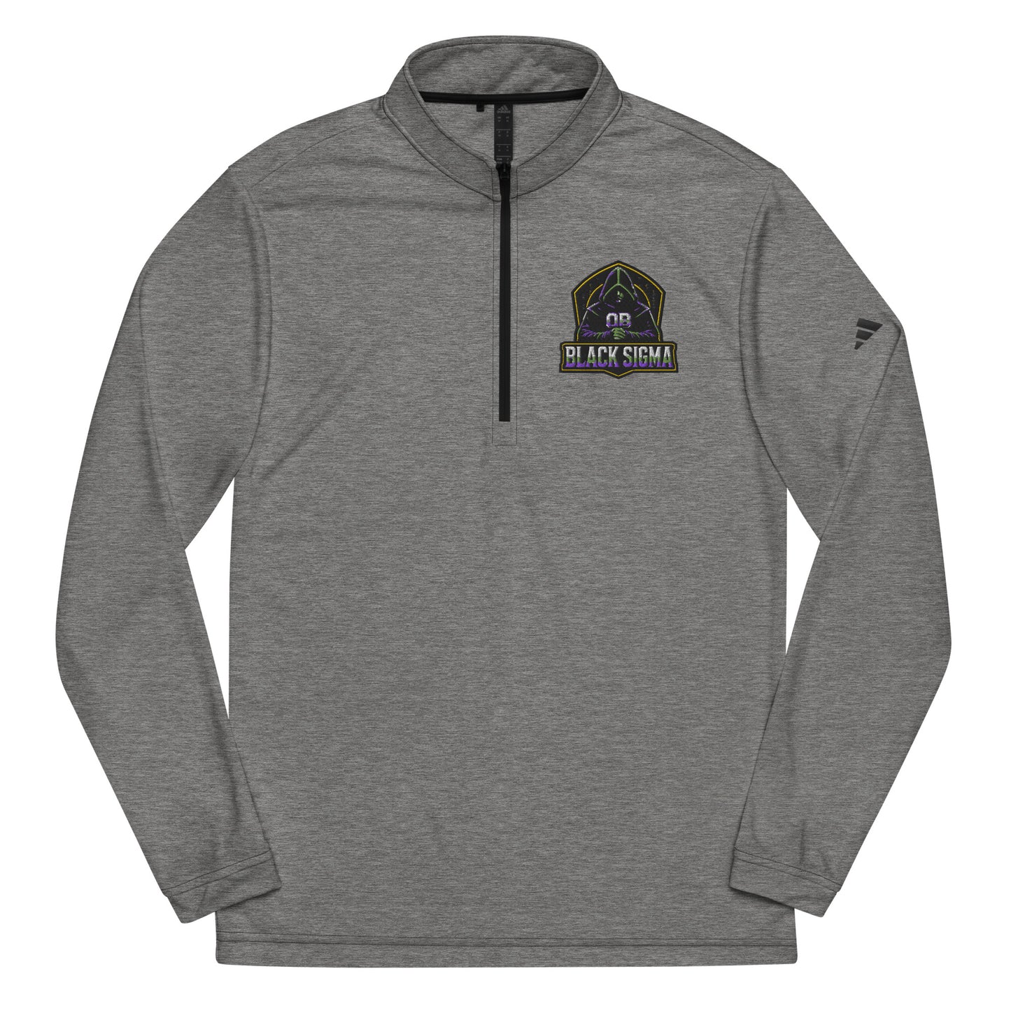 Black Sigma OBD Adidas quarter zip pullover with embroidery, men's athletic sweater, suitable for gym and streetwear style.