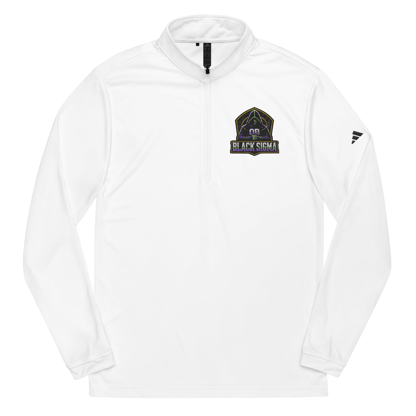 Black Sigma OBD Adidas quarter zip pullover with embroidery, designed for gym and street wear, shown in front view.
