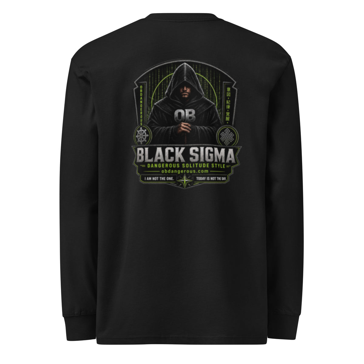 Black Sigma men's heavyweight long sleeve T-shirt from OB DANGEROUS, shown from the back with a relaxed fit and durable fabric.