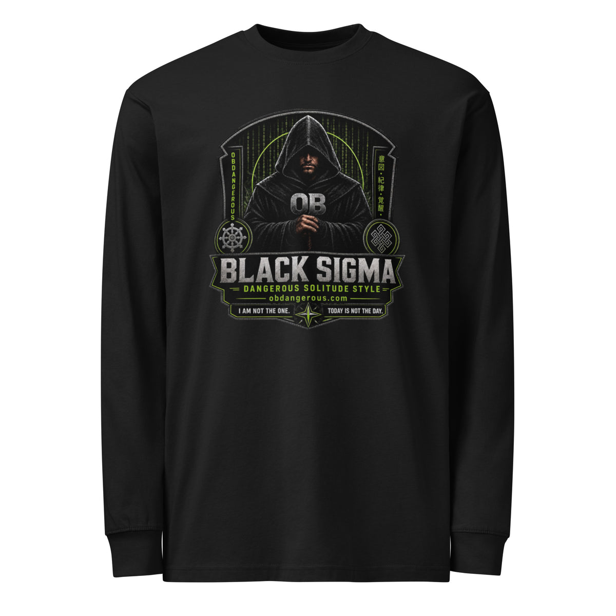 Black Sigma men's heavyweight long sleeve T-shirt from OB DANGEROUS, shown front view, casual and gym-ready clothing.
