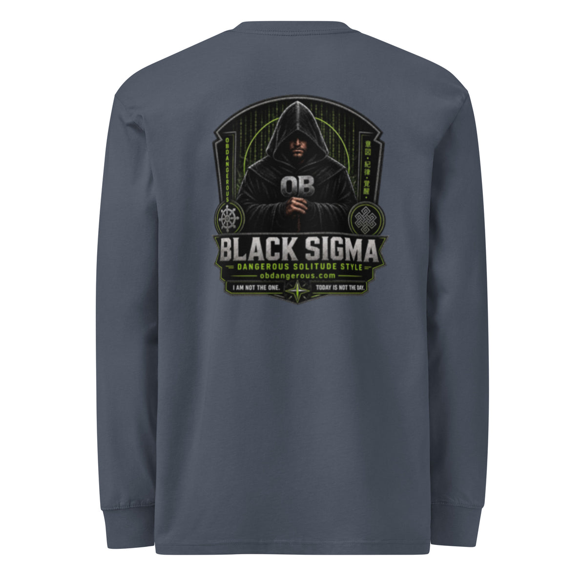 Black Sigma men's heavyweight long sleeve T-shirt by OB DANGEROUS, showing the back design and fit on a model.