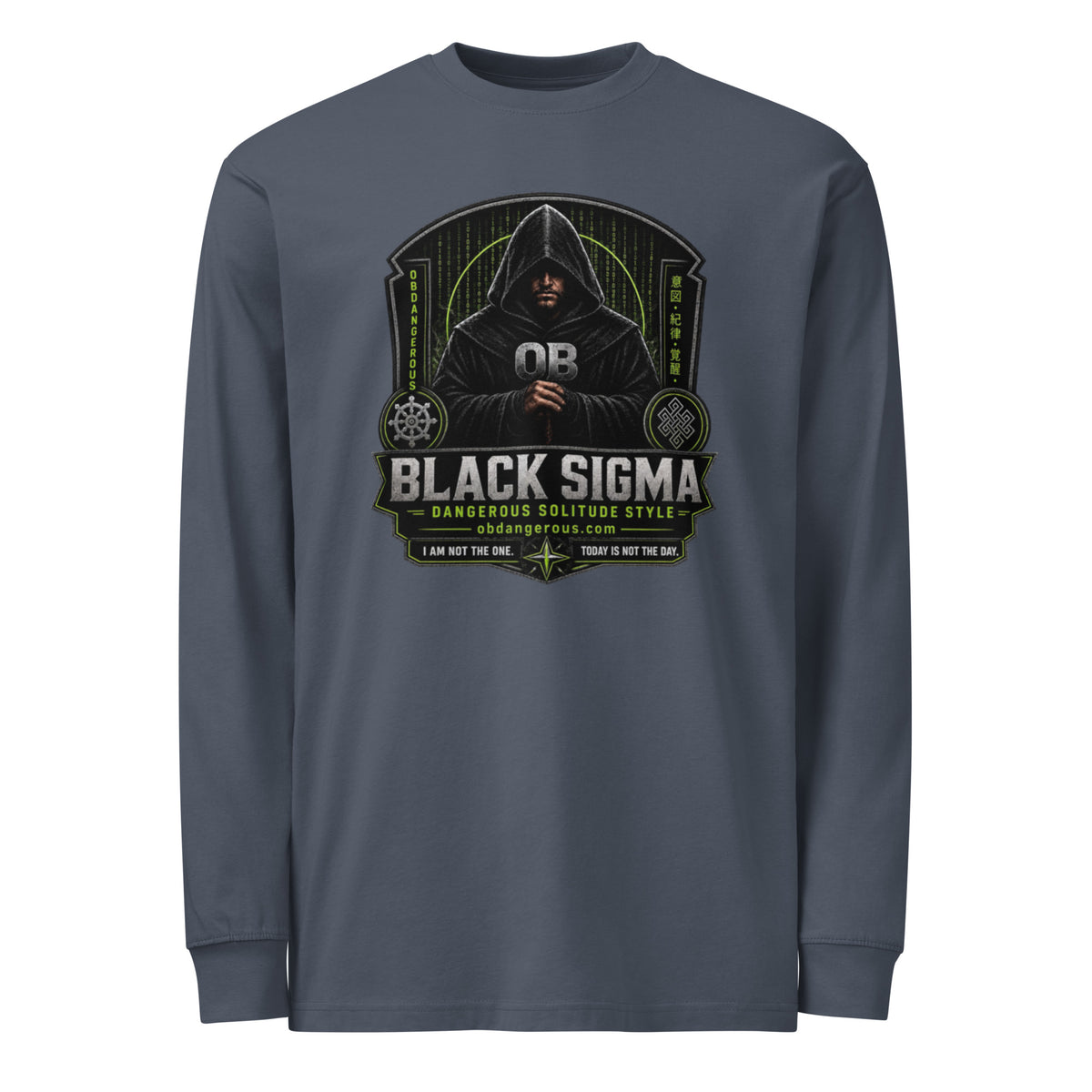 Black Sigma men's heavyweight long sleeve t-shirt by OB DANGEROUS, front view showing fit and fabric texture.