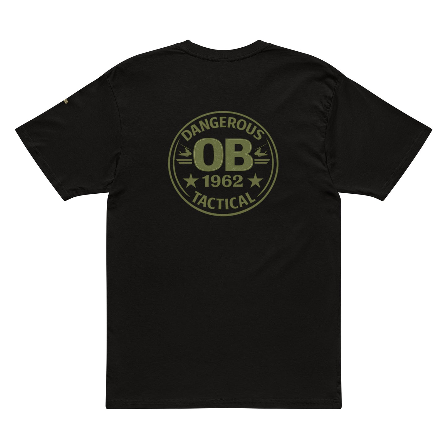 Black men's premium short sleeve tee from OB DANGEROUS with bold design on the back, made from comfortable cotton for gym and street wear.