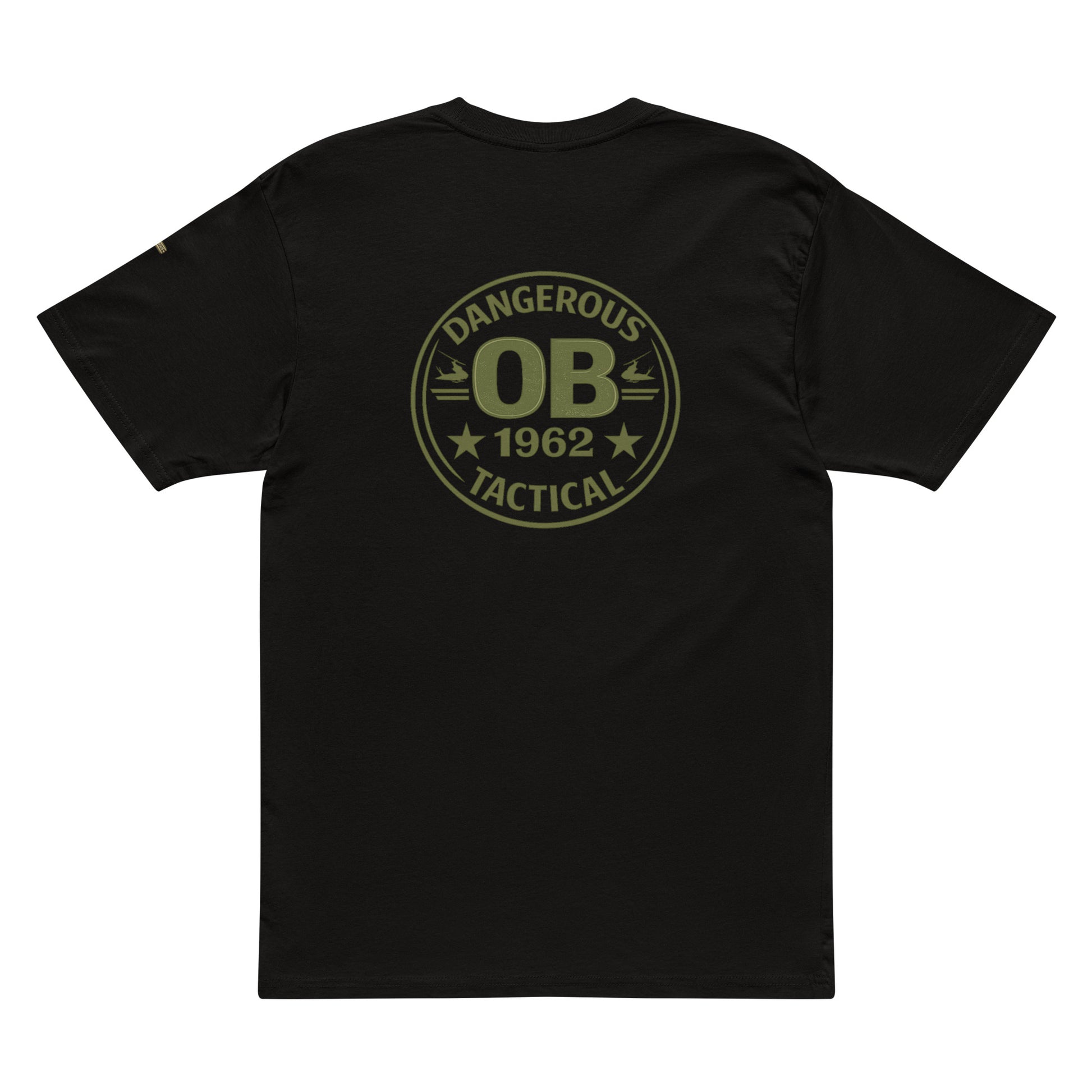 Black men's premium short sleeve tee from OB DANGEROUS with bold design on the back, made from comfortable cotton for gym and street wear.