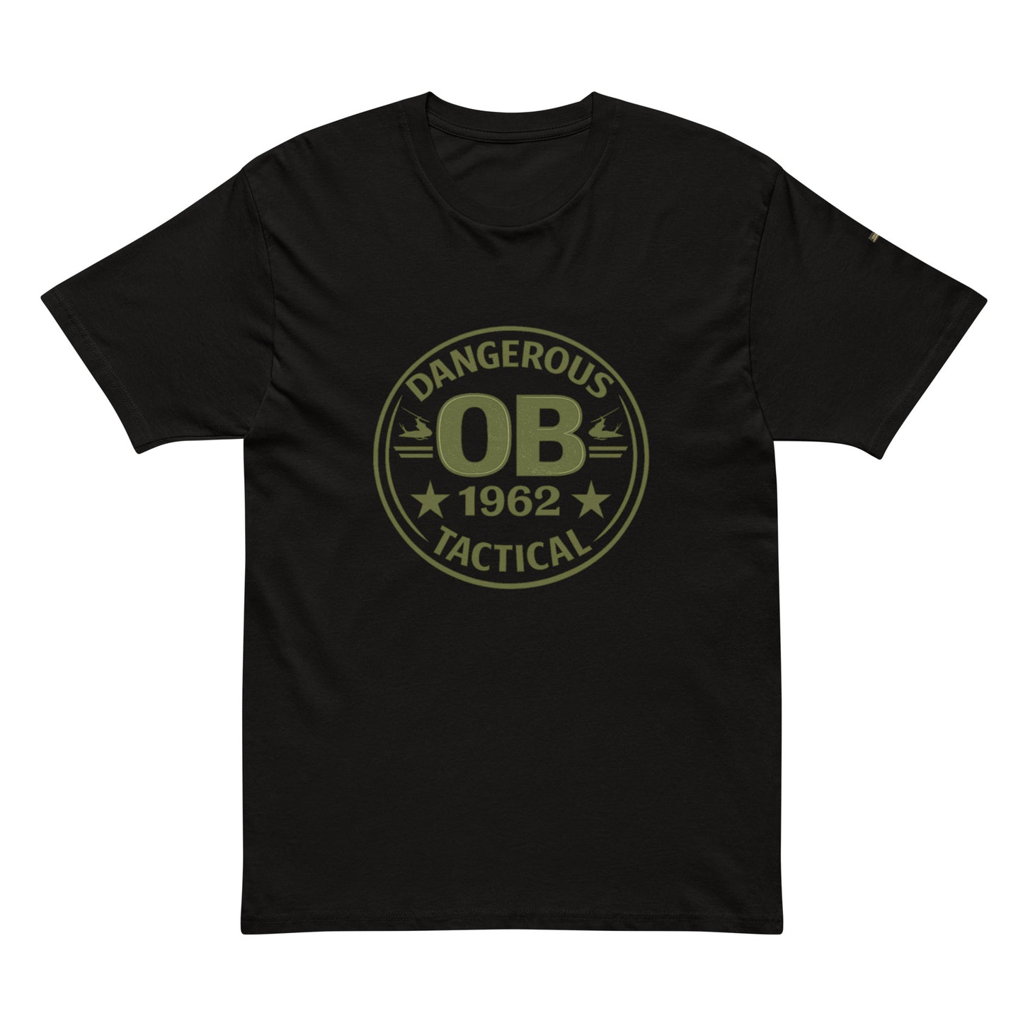 Black men's premium short sleeve T-shirt from OB DANGEROUS with front graphic design, made from cotton for gym and street wear.