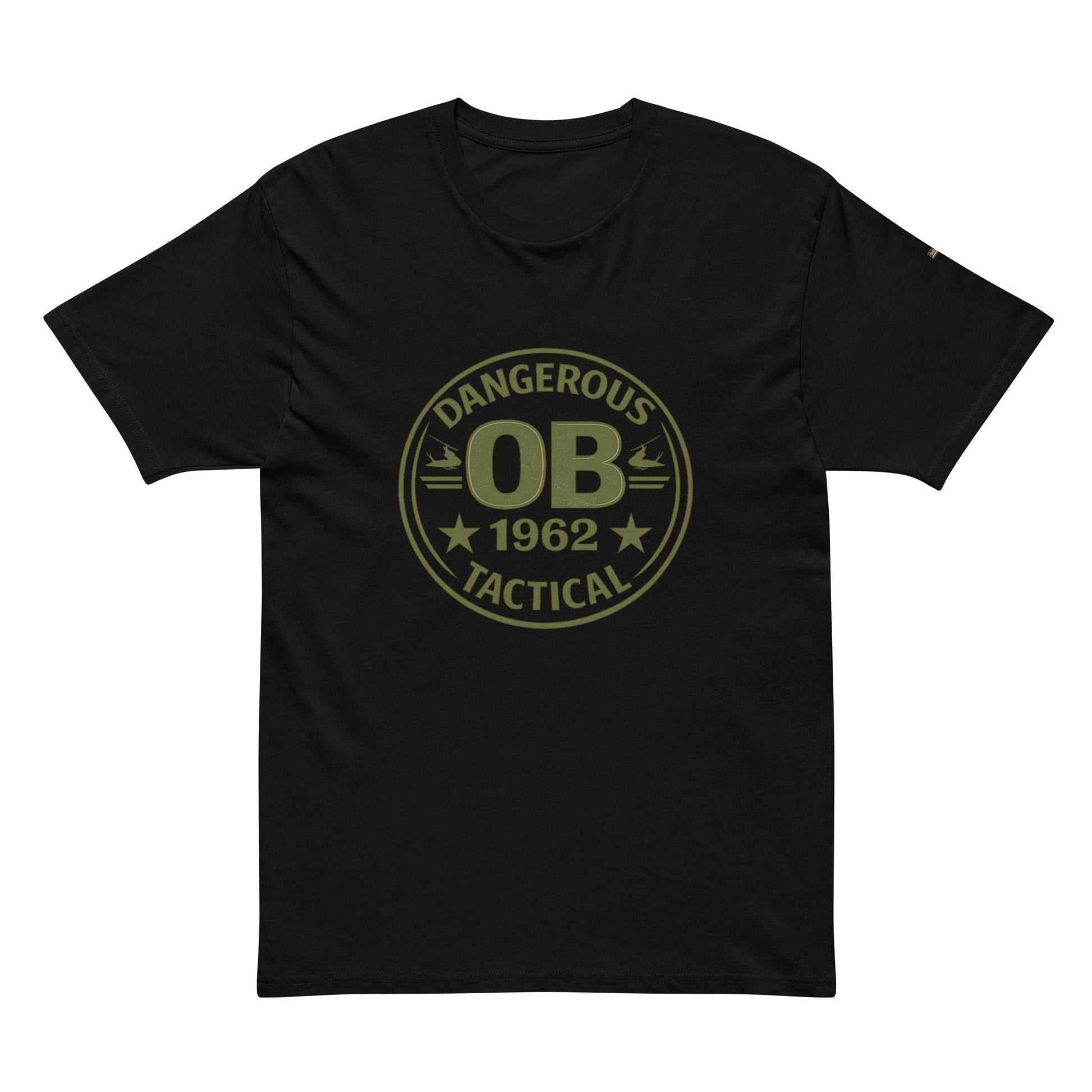 Black men's premium short sleeve T-shirt from OB DANGEROUS with front graphic design, made from cotton for gym and street wear.