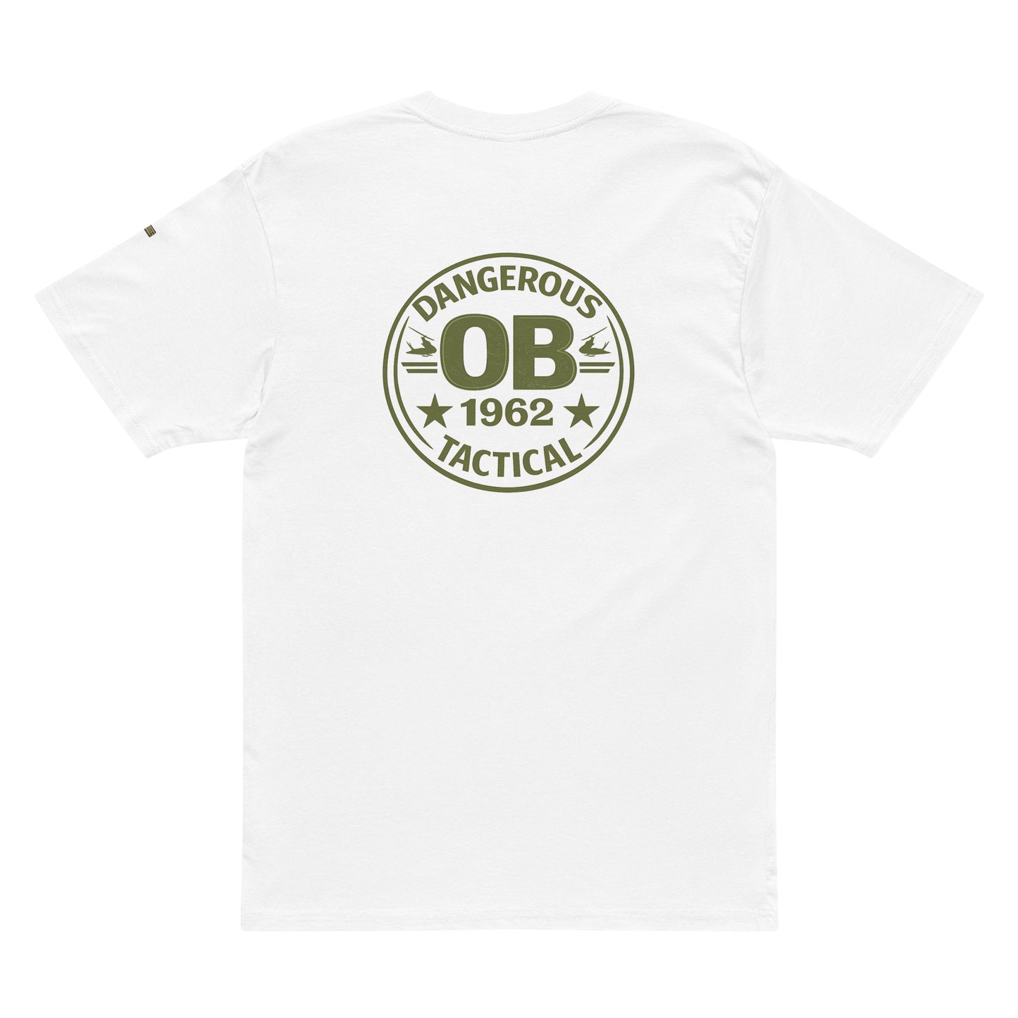 White men's premium short sleeve tee by OB DANGEROUS with "OB DANGEROUS" design on back, perfect for gym and streetwear.