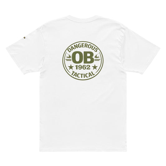 White men's premium short sleeve tee by OB DANGEROUS with "OB DANGEROUS" design on back, perfect for gym and streetwear.