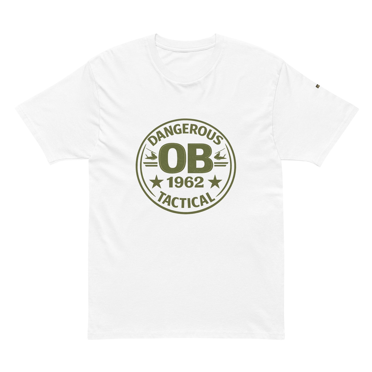 White men's premium short sleeve tee by OB DANGEROUS featuring retro OBDangerous cotton heritage design on the front.