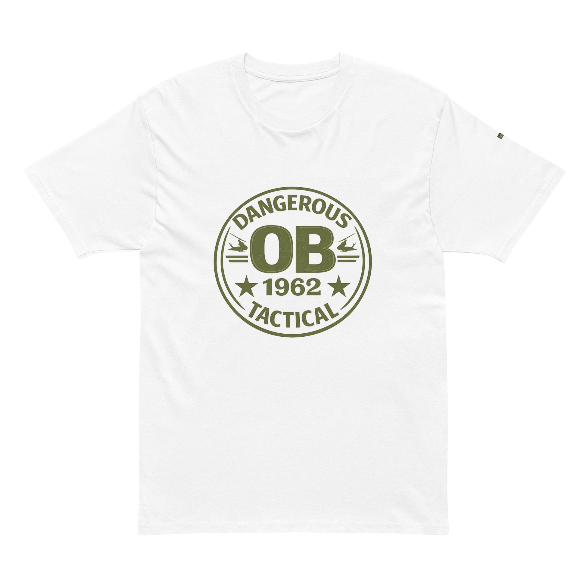 White men's premium short sleeve tee by OB DANGEROUS featuring retro OBDangerous cotton heritage design on the front.