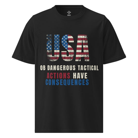 Men's black Under Armour athletic T-shirt with Actions Have Consequences graphic, by OB DANGEROUS TACTICAL, front view.