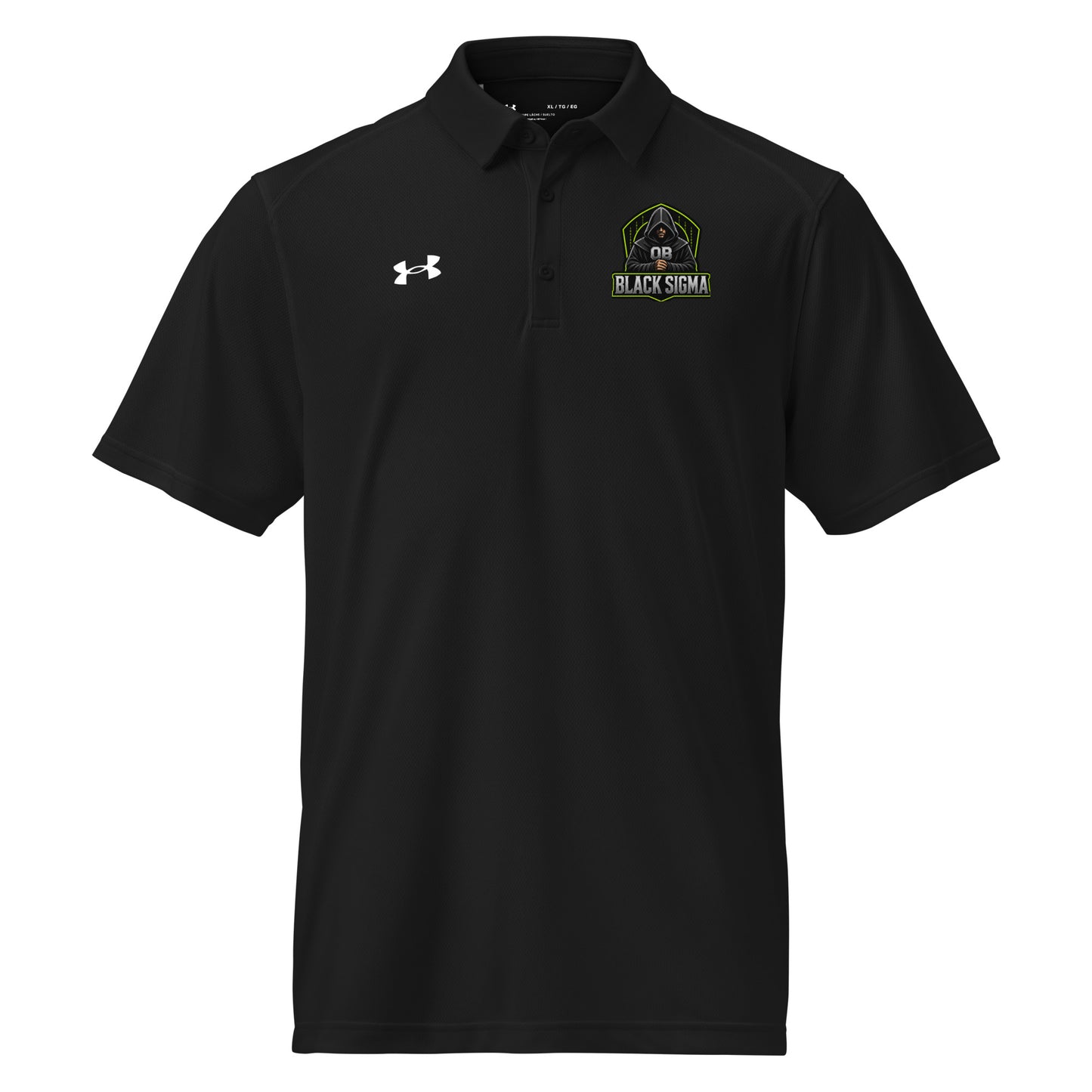 Black Under Armour men's polo shirt featuring embroidery, designed for gym and street wear, with a sleek front view.