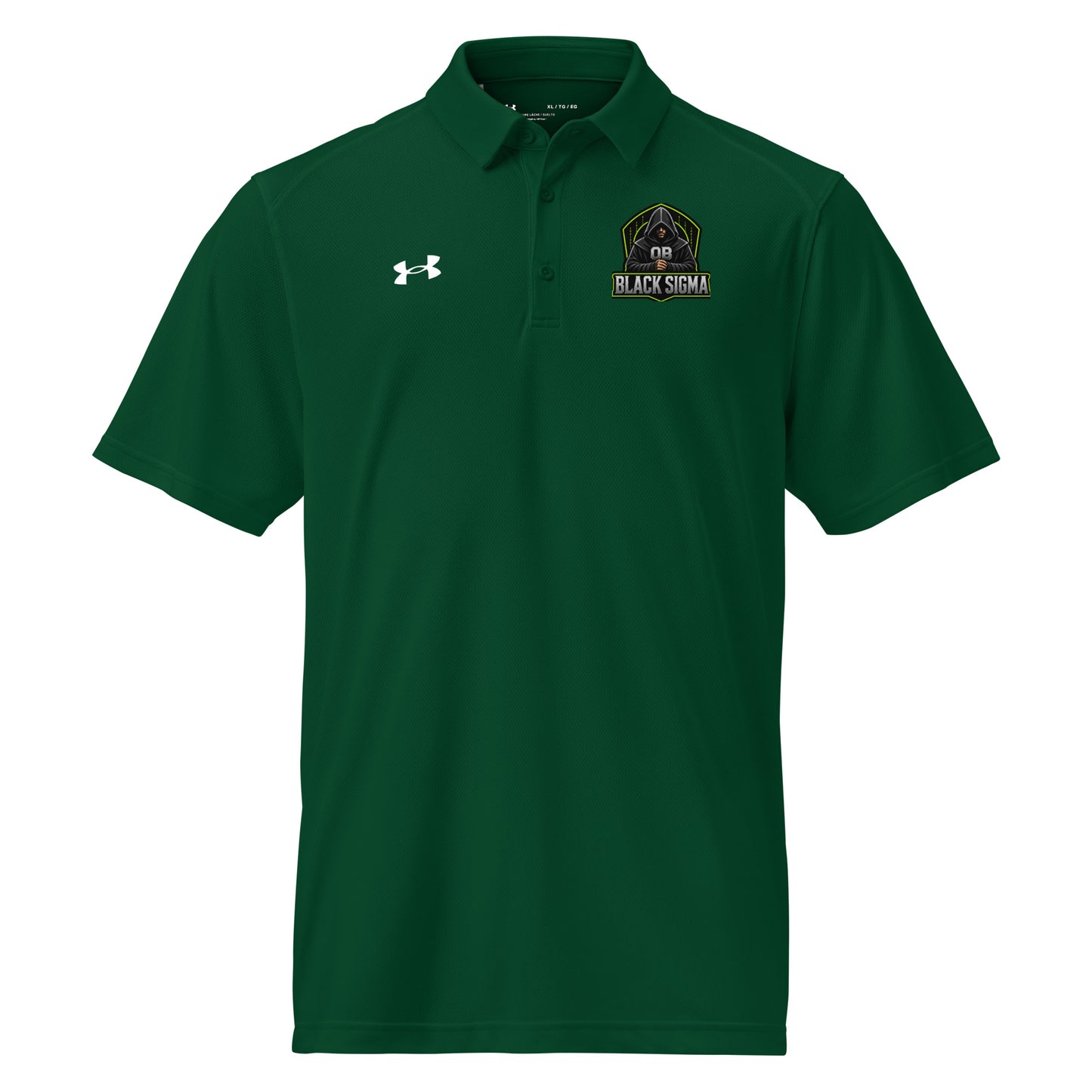 Black Under Armour men's polo shirt with embroidered Sigma OBDANGEROUS logo, designed for gym, street, and casual wear.