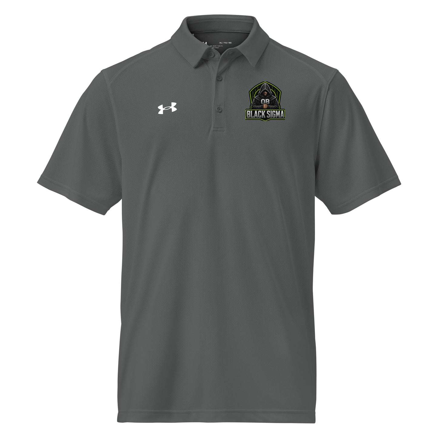 Black Under Armour men's polo shirt with embroidered Sigma OBD Dangerous logo, designed for gym and street wear.